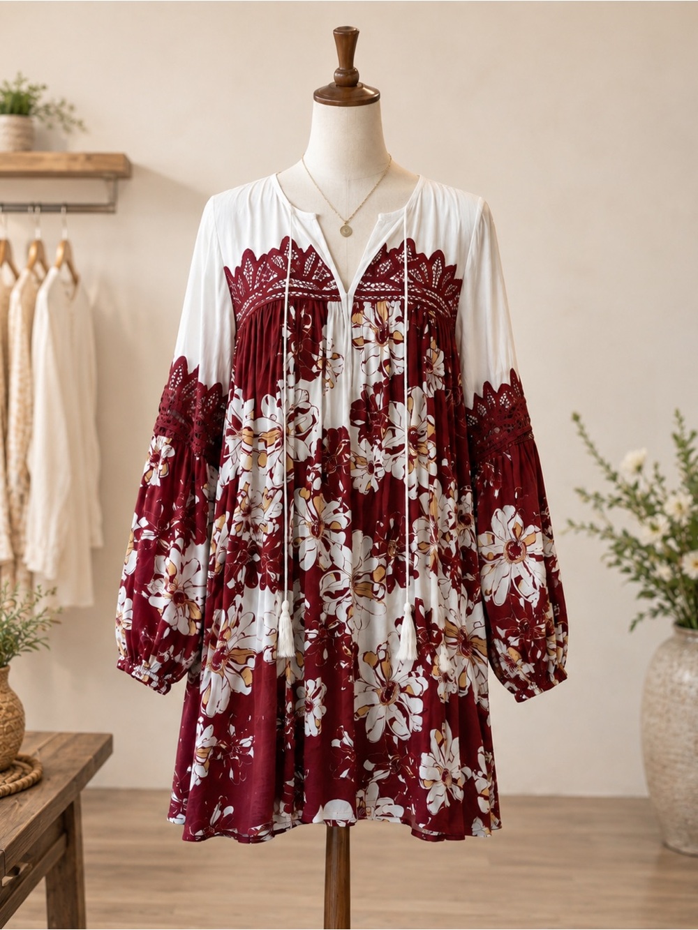 Threadzwear Red, Ivory Floral Dress - Small